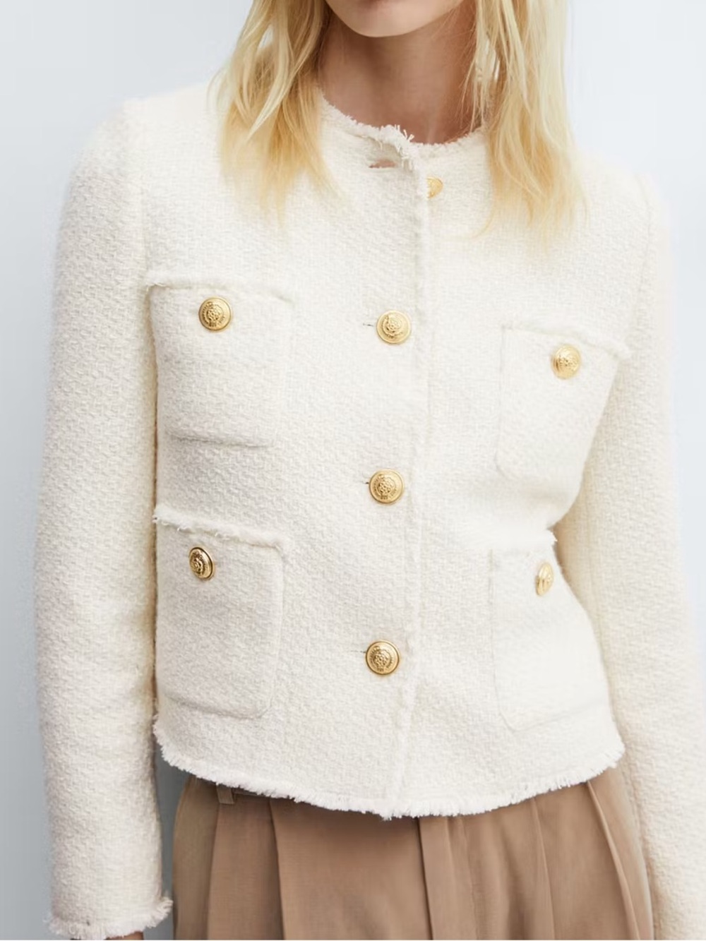 Mango Cream Bouclé Cropped Blazer with Gold Buttons